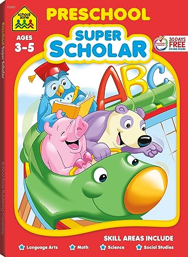 School Zone - Preschool Super Scholar Workbook - 128 Pages, Ages 3 to 5, Preschool to Kindergarten, Alphabet, Numbers 1-12, Colors, Shapes, Math, Science, and More